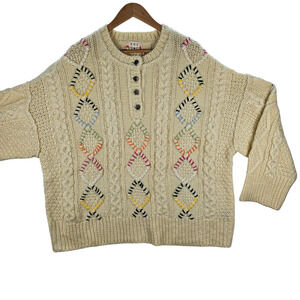 POL Oversize Chunky Cable Knit Sweater Womens Med Ivory Multicolor Crew Pullover